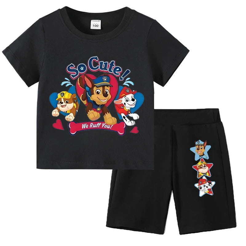 Black children's t-shirt and shorts set with cartoon characters and 'So Cute!' text on a white background.