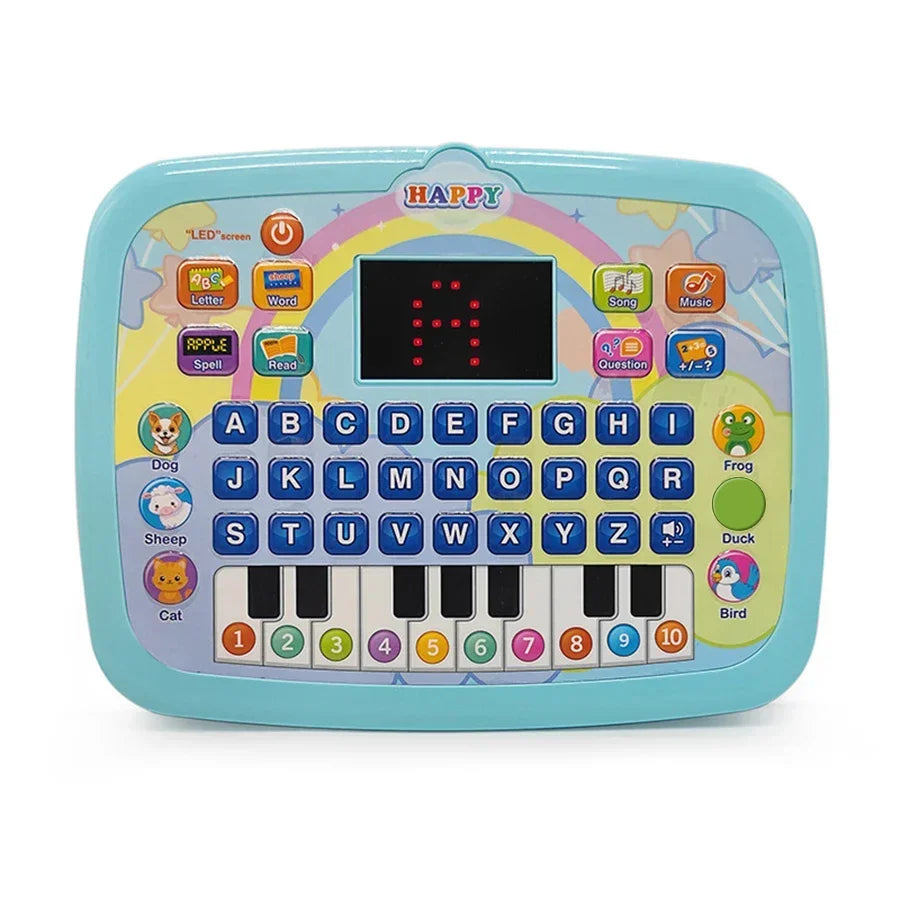 Children's toy keyboard with colorful keys and a digital display on a white background