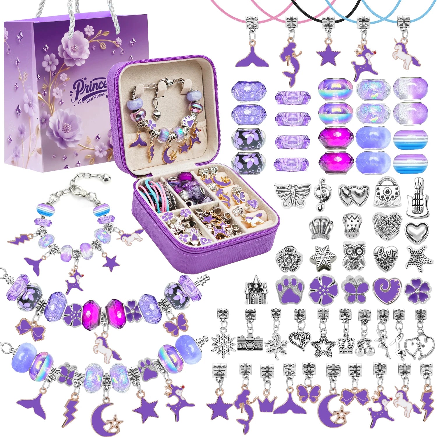 Jewelry making kit with purple accessories and charms on a white background