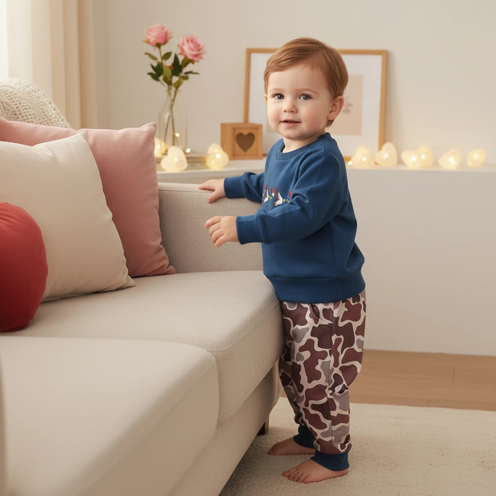 Child wearing a blue sweater and patterned pants standing in a living room.