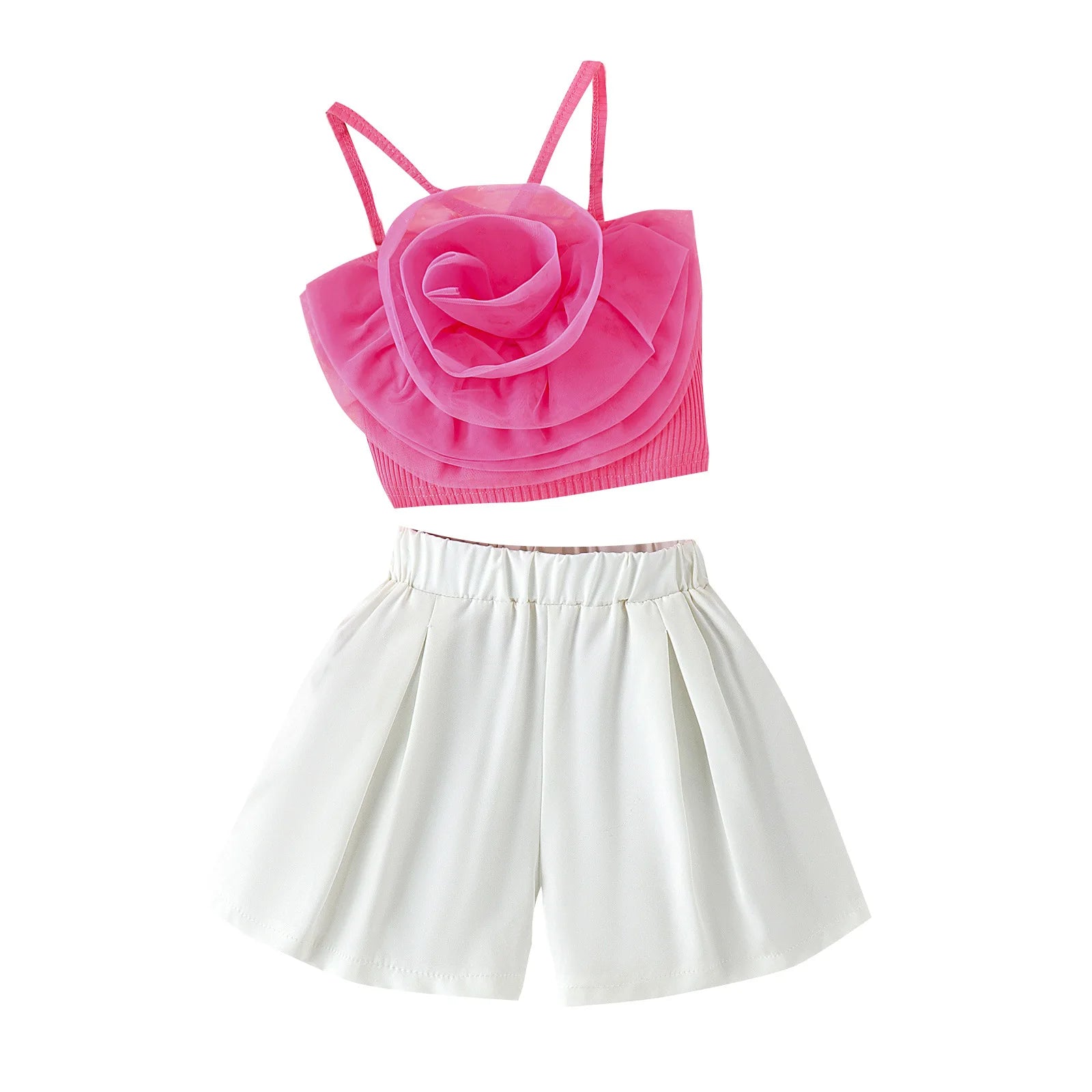 Pink floral top and white shorts on a white background