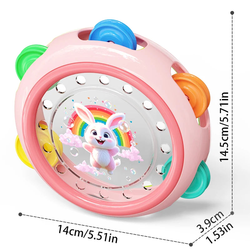 Colorful toy tambourine with a cartoon rabbit character on a white background