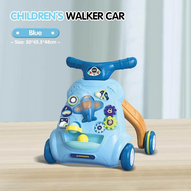 Blue children's walker car on a wooden surface with a light blue curtain background