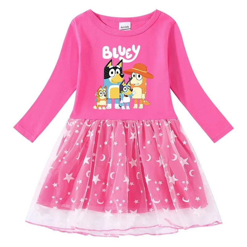 Pink dress with cartoon characters and star pattern on a white background