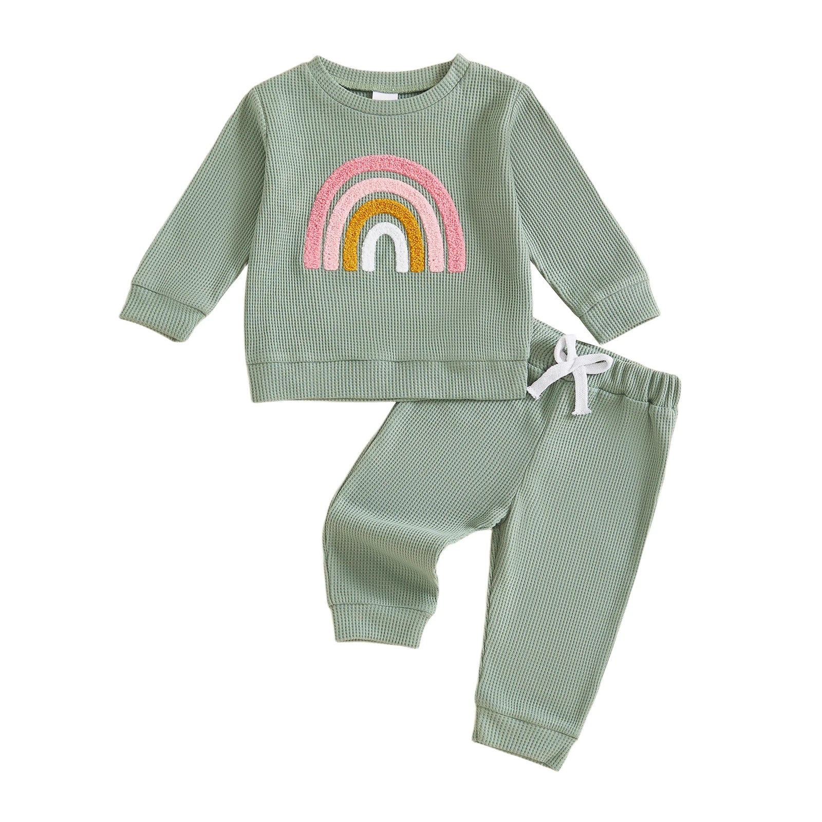 Rainbow Embroidery Long Sleeve Pullover with Pants 2 Pcs Set