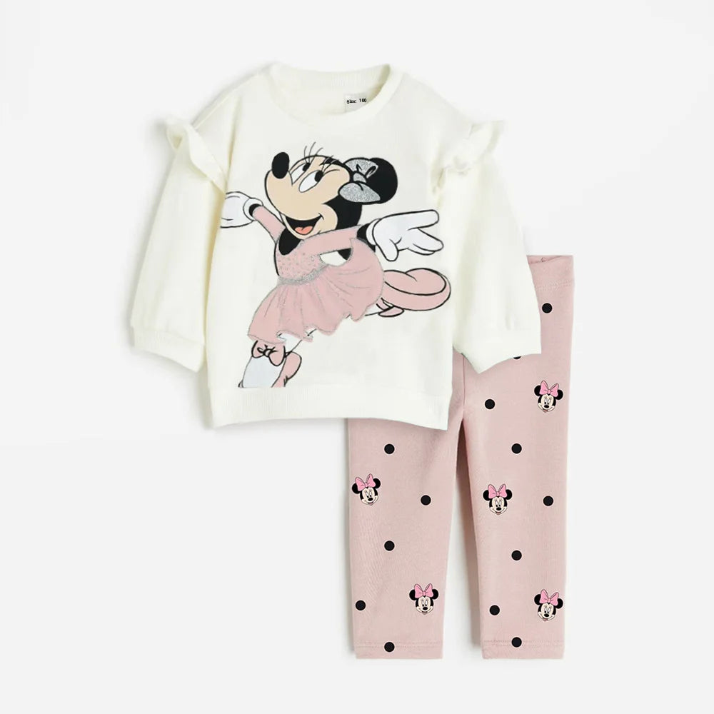Children's outfit with a white shirt and pink leggings featuring a cartoon character on a white background
