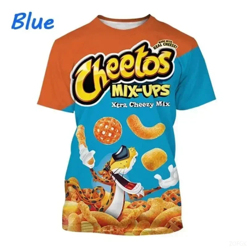 Cheetos-themed t-shirt with colorful design on a white background