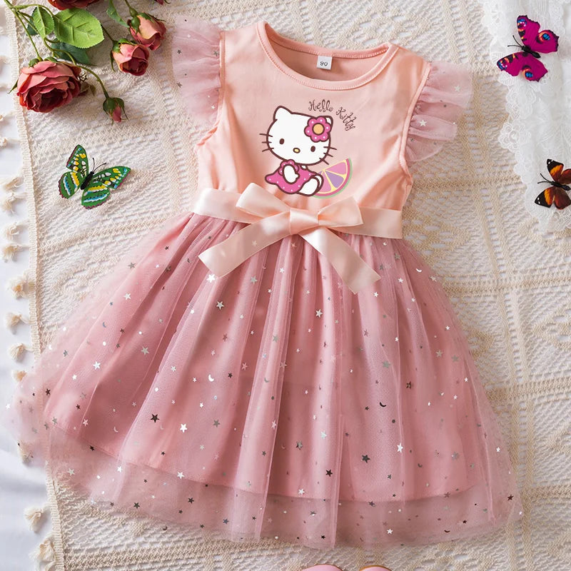 Pink dress with Hello Kitty design on a textured surface with flowers and butterflies.