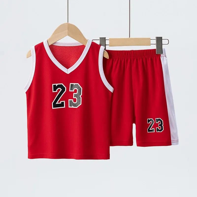 Red basketball jersey and shorts with number 23 on a hanger against a white background