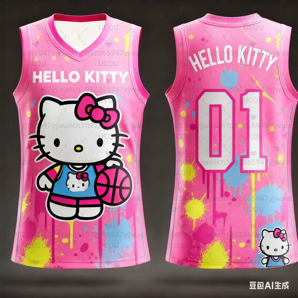 Pink sleeveless jersey with Hello Kitty design on a dark background
