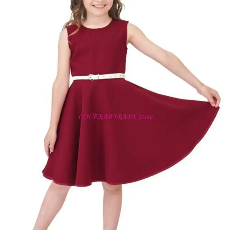 Red dress with a belt worn by a person on a white background