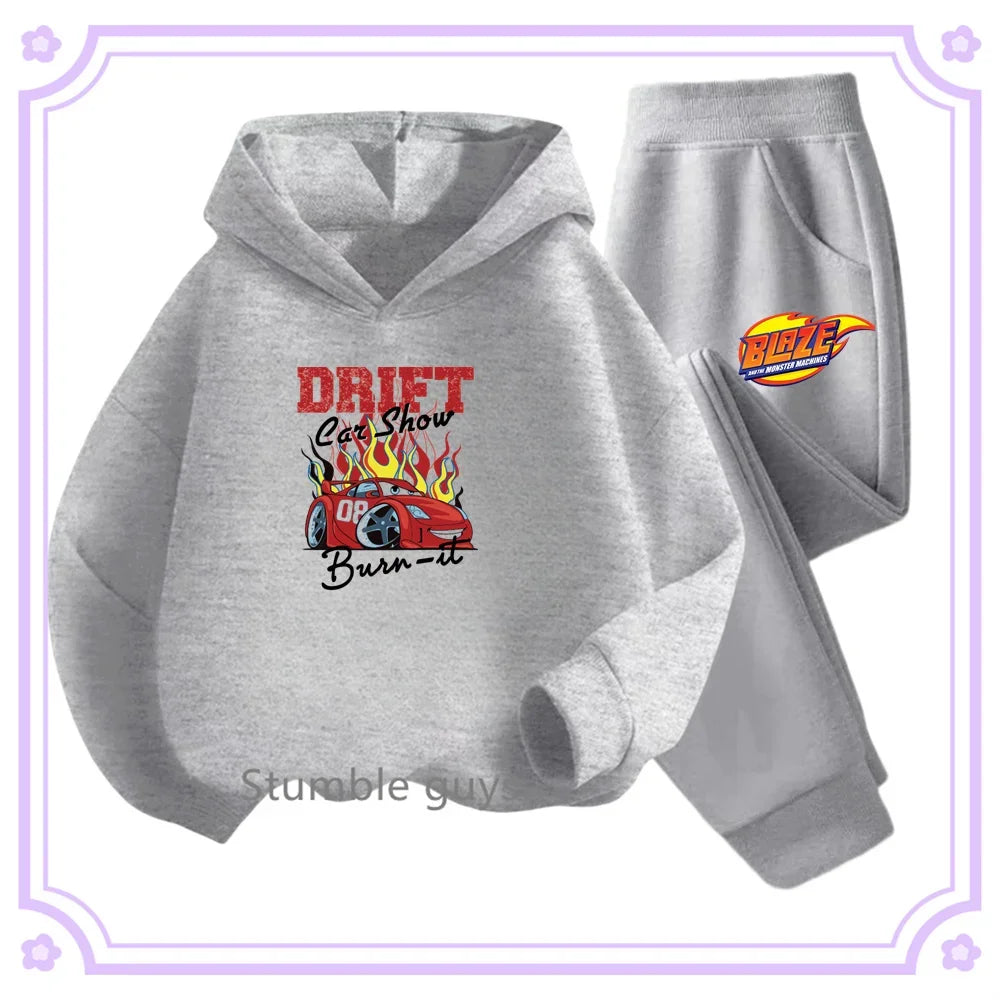 Gray hoodie and pants set with car graphic and 'DRIFT' text on a white background