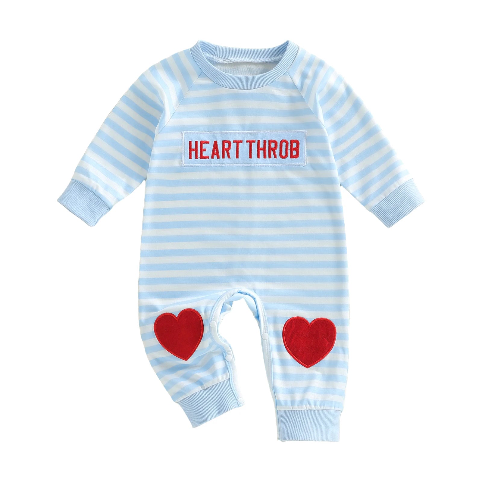 Blue and white striped baby romper with red hearts and 'HEART THROB' text on a white background
