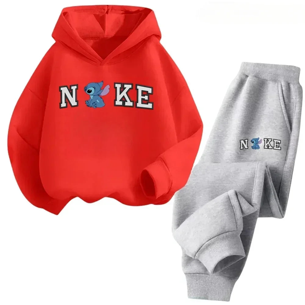Red hoodie and gray pants set with 'Nike' logo and character on a white background