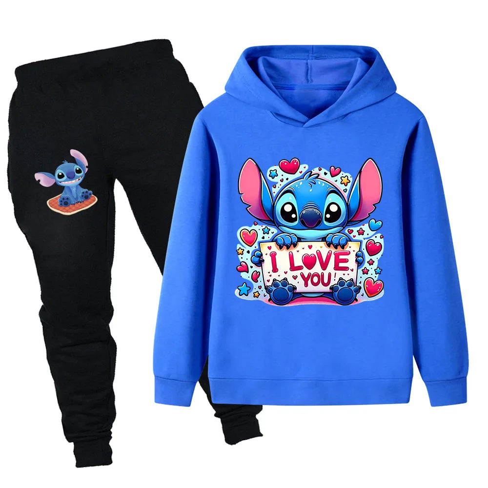 Blue hoodie with cartoon character and 'I Love You' text, paired with black pants on a white background