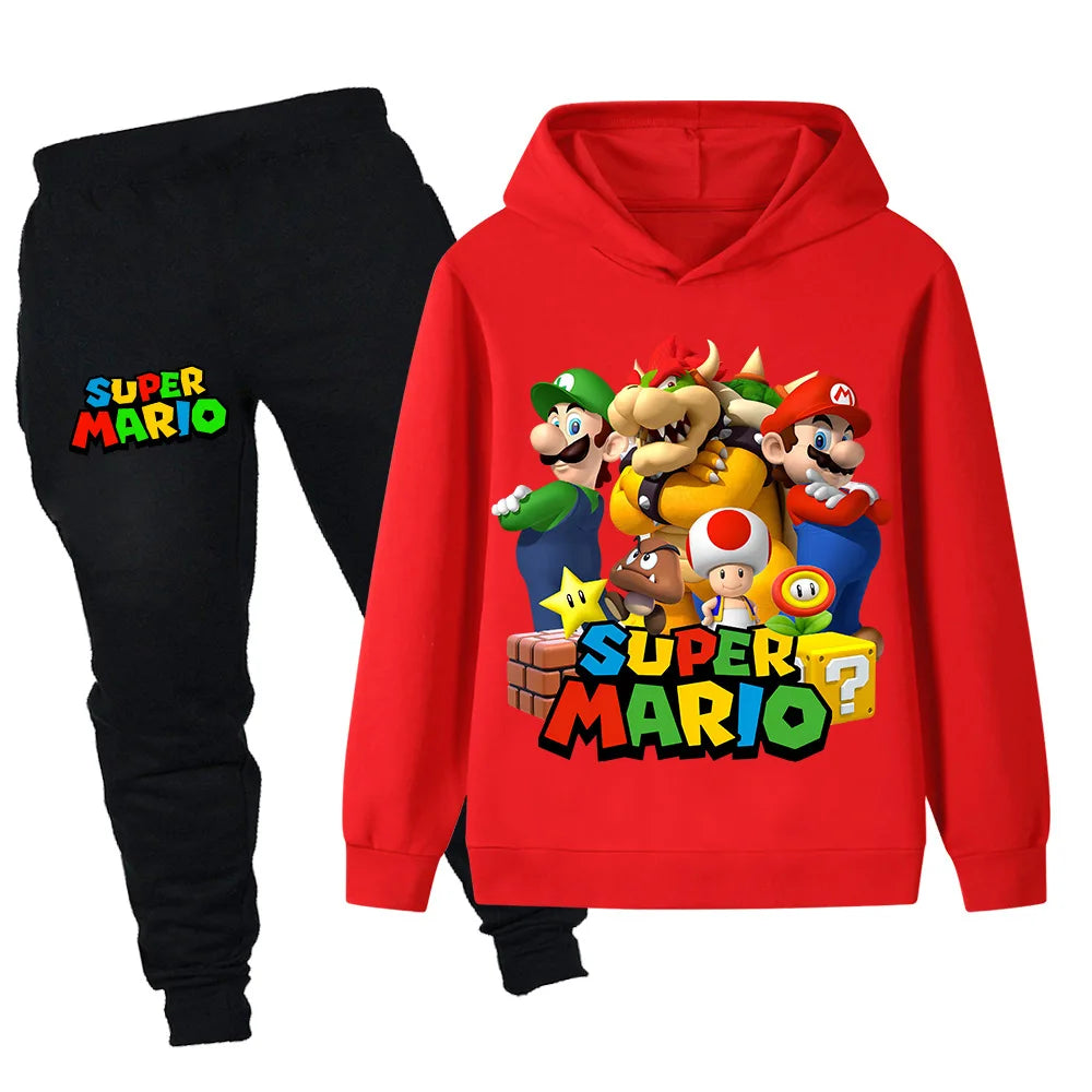 Red hoodie with Super Mario design and black pants on a white background
