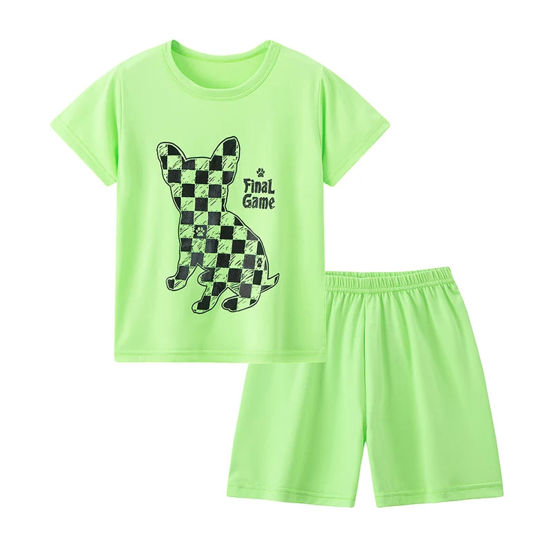 Neon green t-shirt and shorts set with a dog graphic and text on a white background