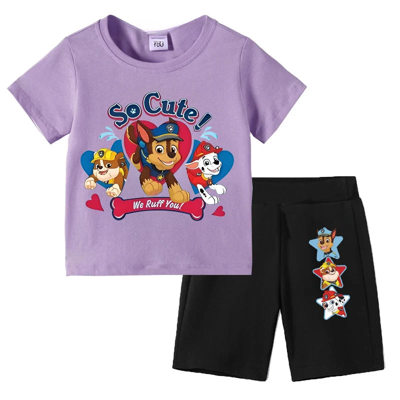 Purple t-shirt with cartoon characters and black shorts on a white background