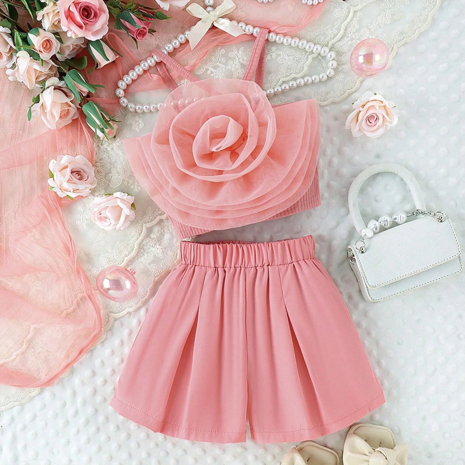 Pink floral top and shorts set with accessories on a textured surface