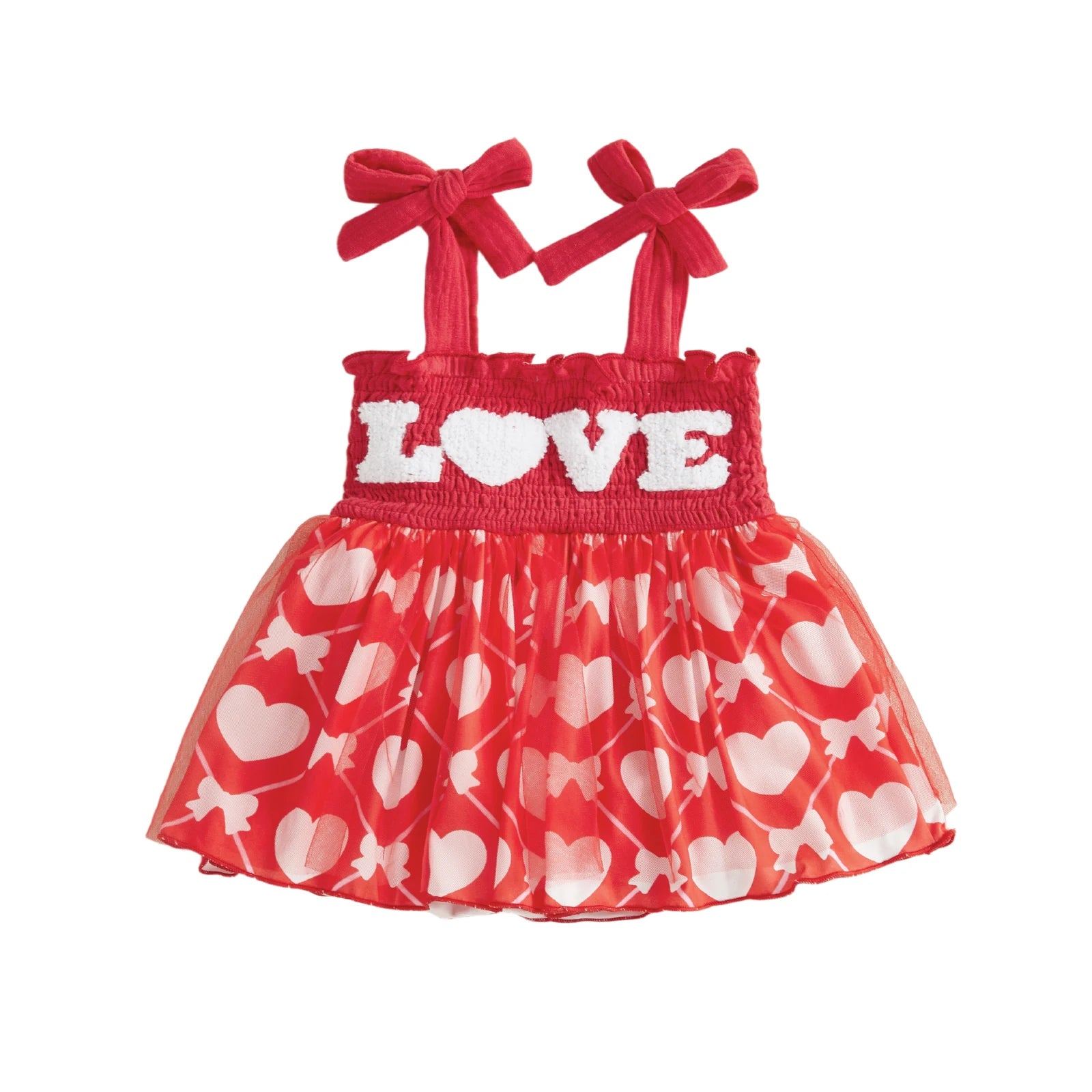 Red dress with white heart patterns and 'LOVE' text on a white background