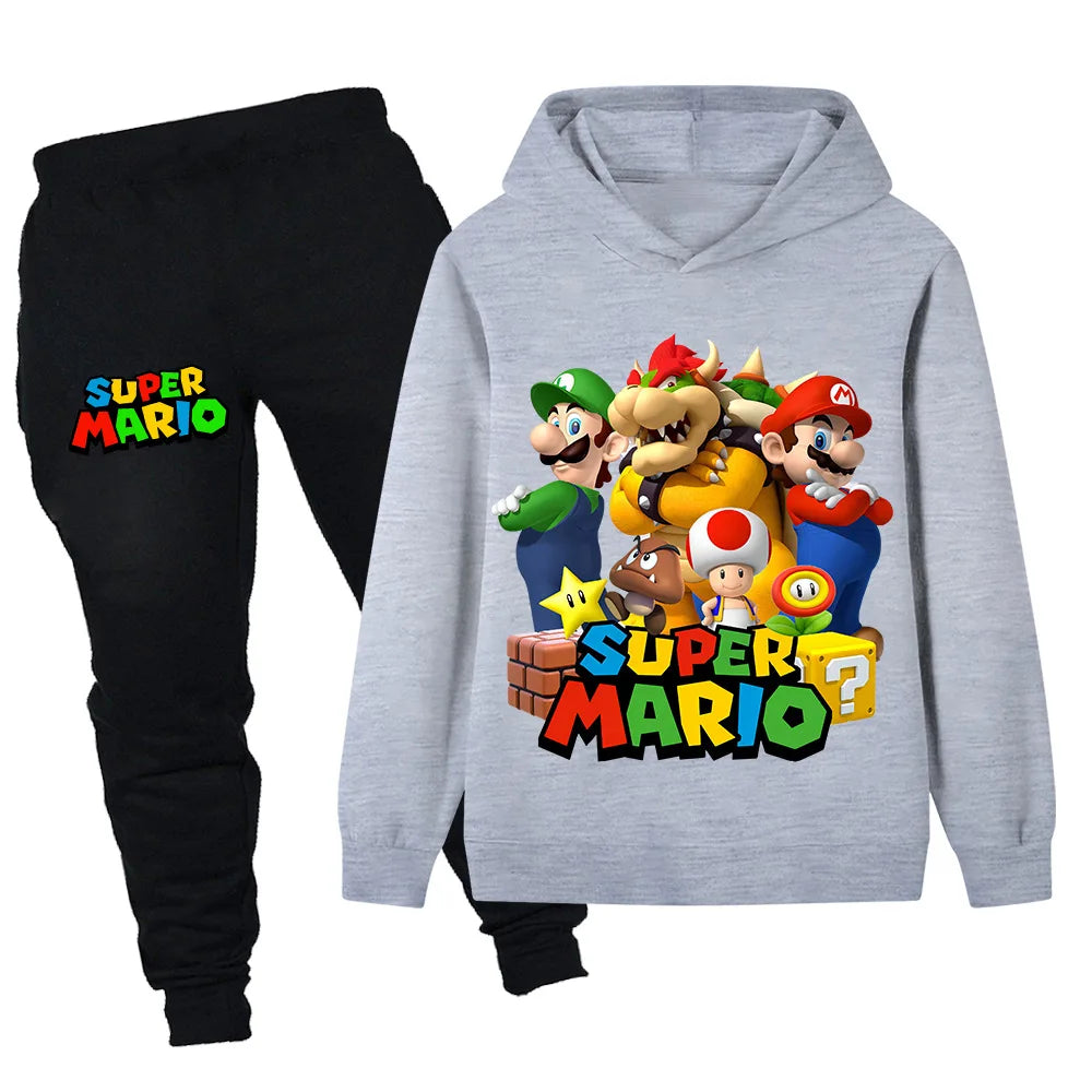 Gray hoodie with Super Mario design and black pants on a white background