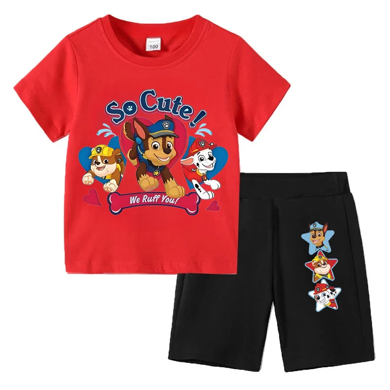 Red t-shirt with cartoon characters and black shorts featuring similar designs on a white background