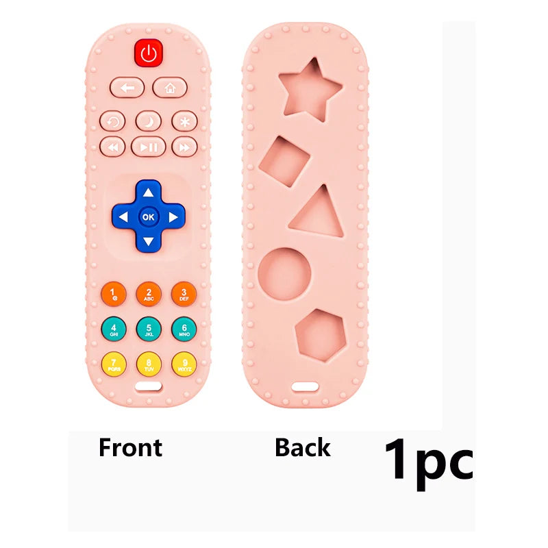 Pink toy remote control with front and back views on a white background