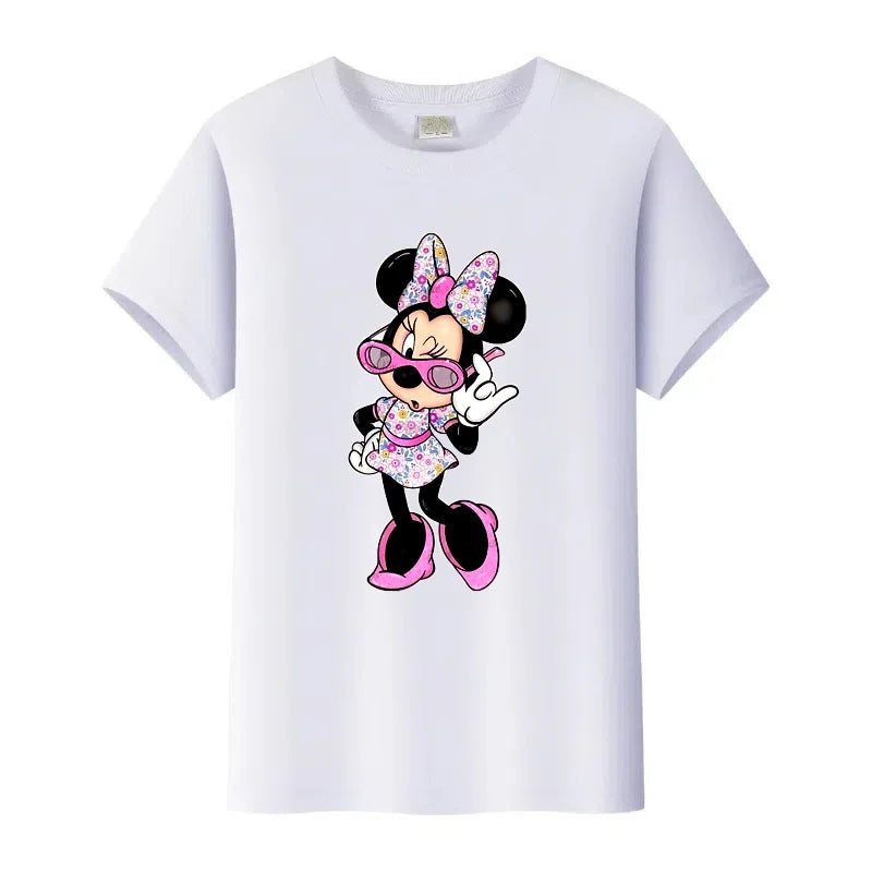 White t-shirt with a cartoon character design on a white background