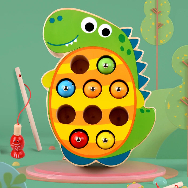 Colorful dinosaur-shaped toy with various colored spots on a green background