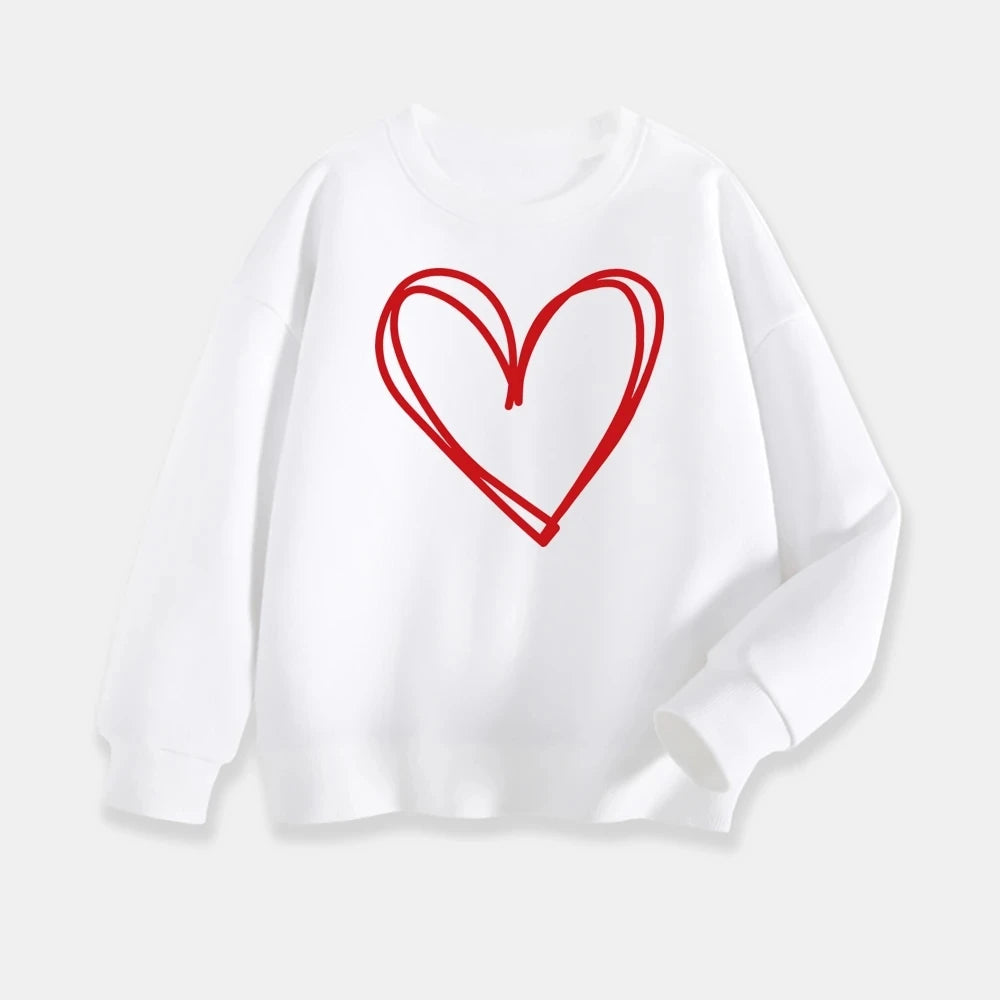 White sweatshirt with a red heart design on a light gray background