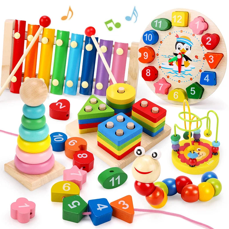 Assorted colorful wooden toys including a xylophone, clock, and stacking blocks on a white background.