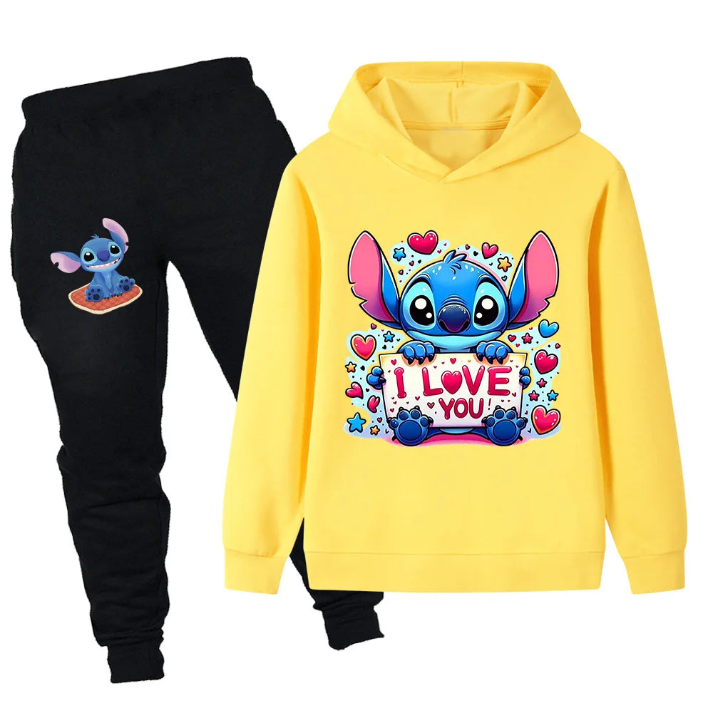 Yellow hoodie with cartoon character and black pants on a white background