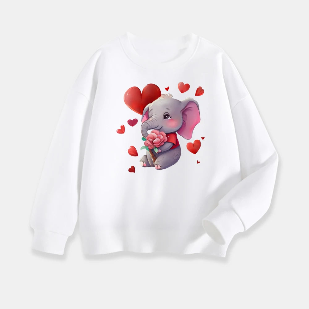 White sweatshirt with a cartoon elephant holding a heart and flowers on a white background