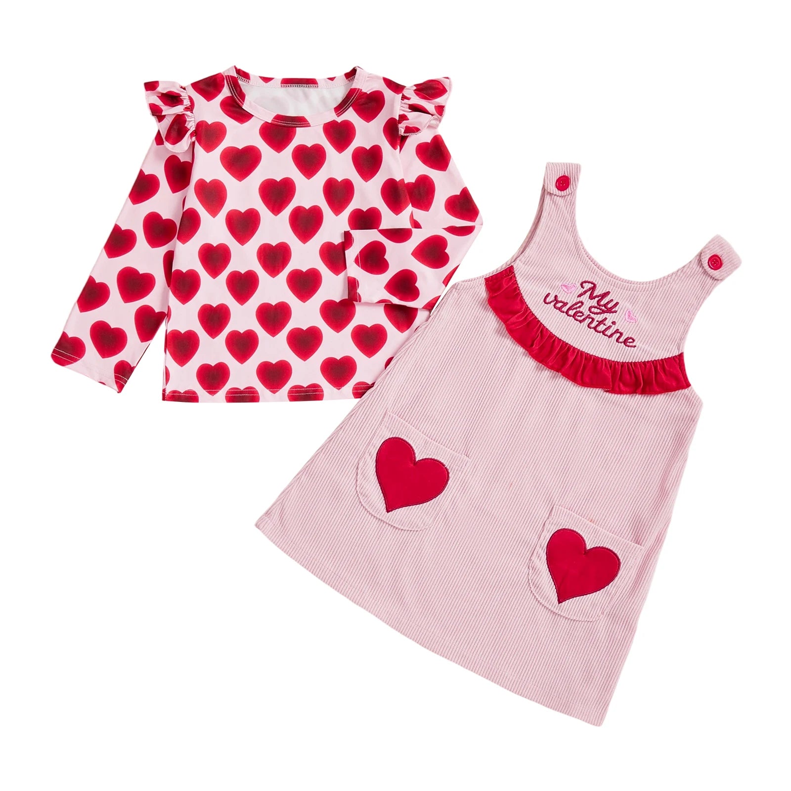 Two children's dresses with heart patterns on a white background