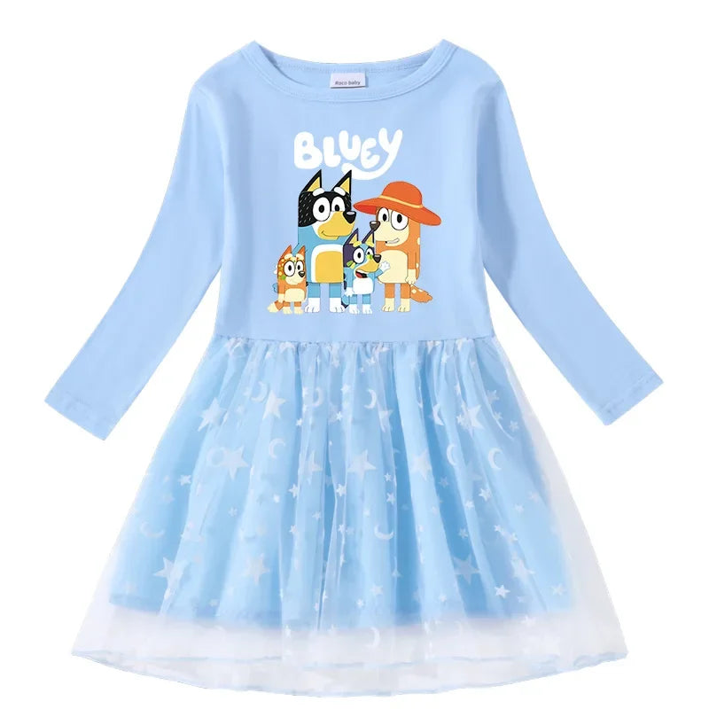 Light blue dress with cartoon characters on a white background