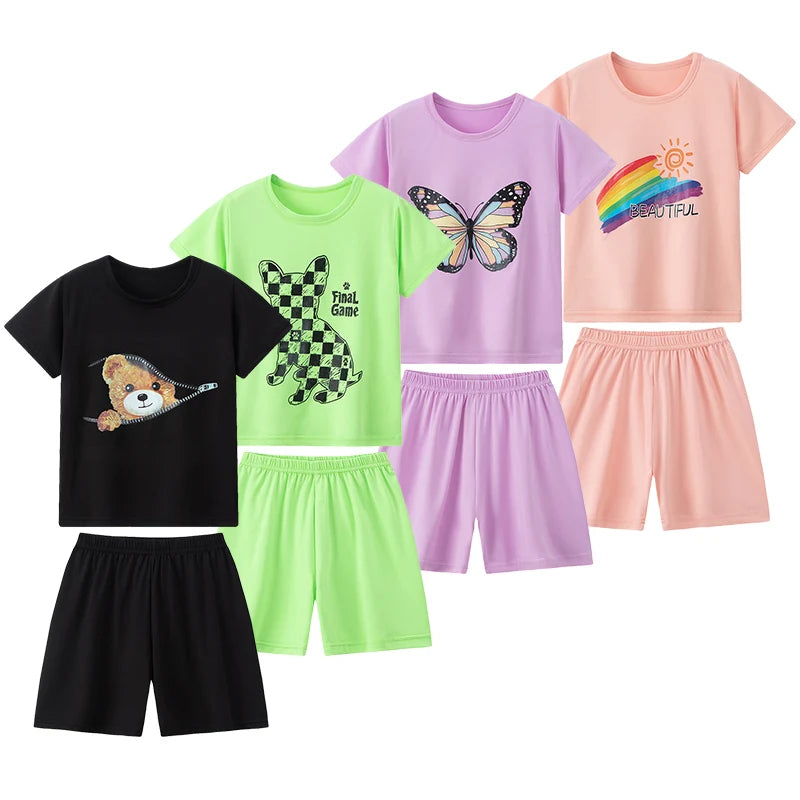 Collection of colorful children's t-shirts and shorts with various designs on a white background