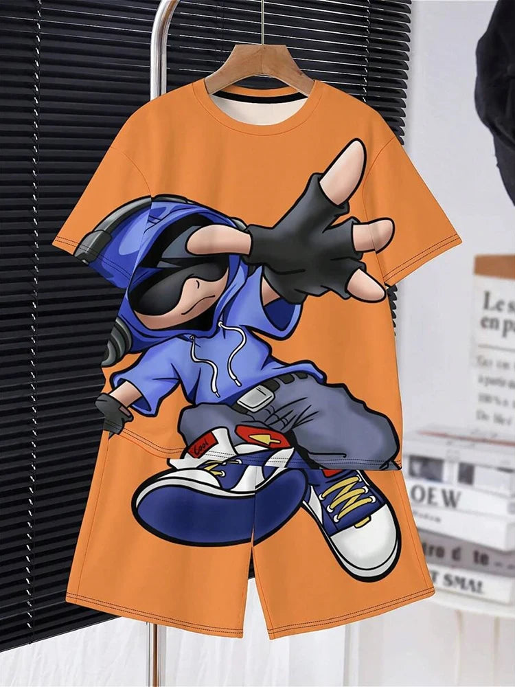 Orange t-shirt with a graphic of a character in a blue hoodie and black gloves on a hanger.