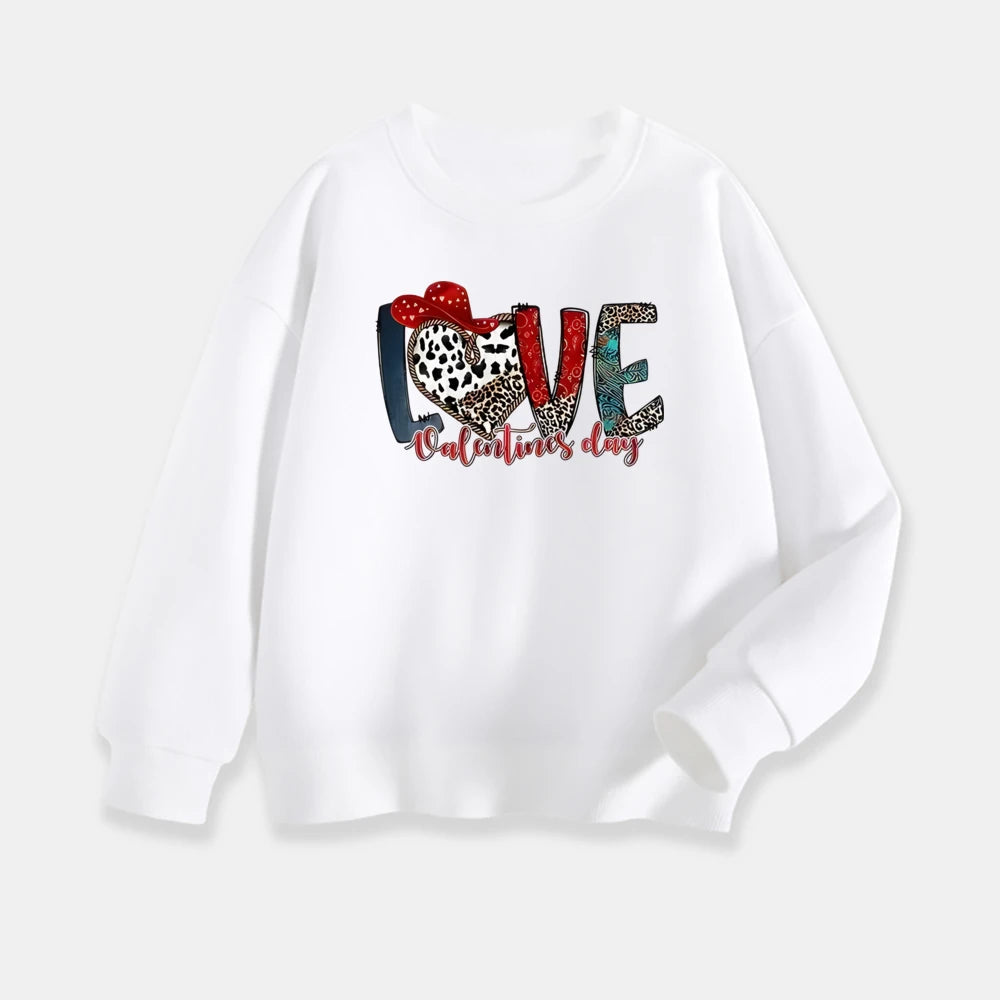 White sweatshirt with Valentine's Day design on a white background