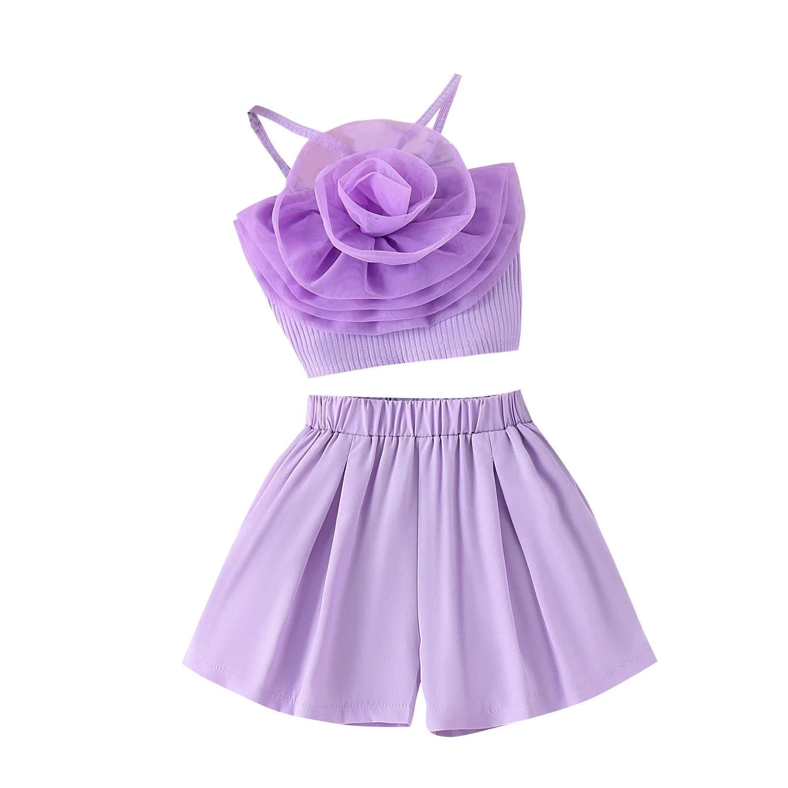 Purple two-piece outfit with a floral top and skirt on a white background