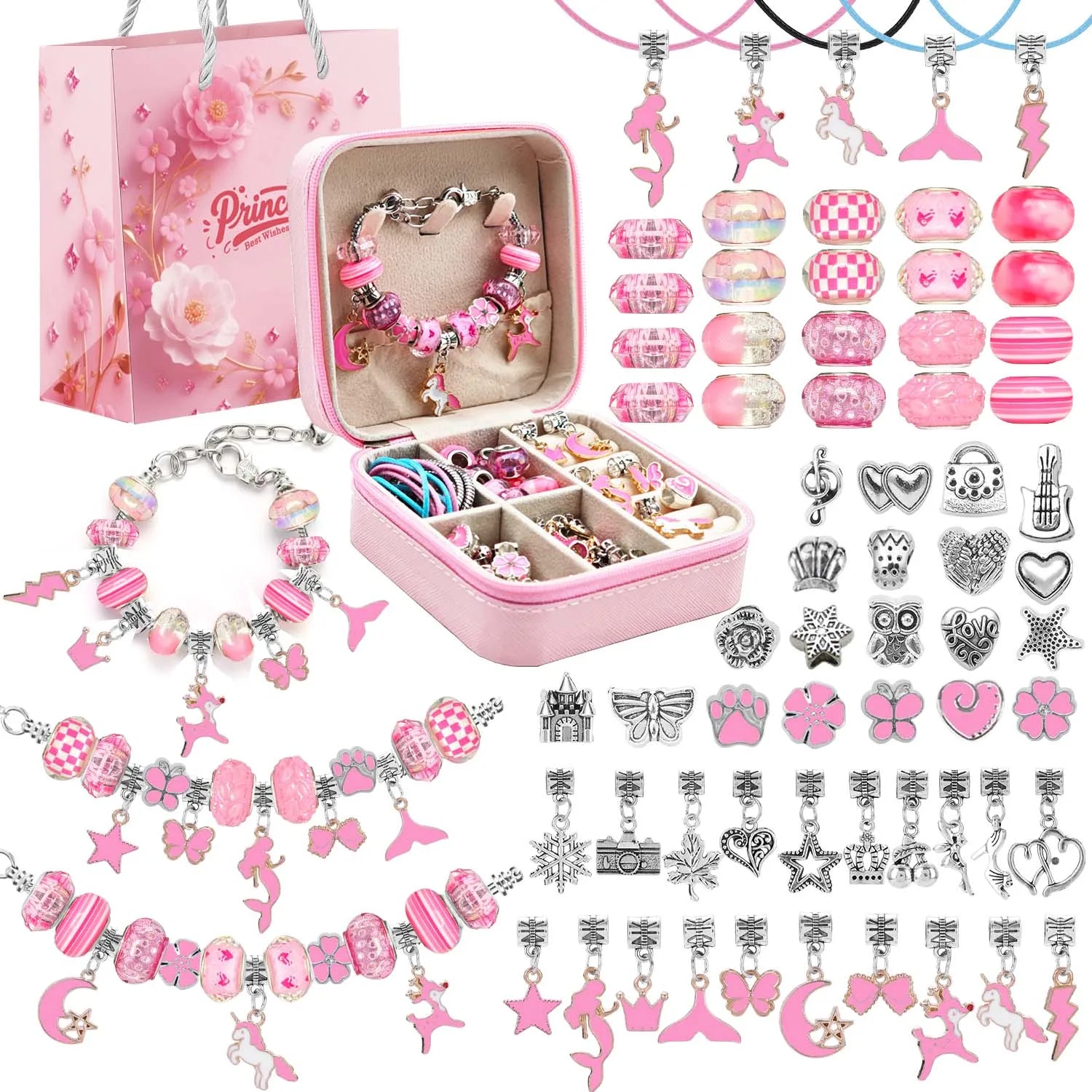 Pink jewelry set with charms, necklace, and bracelet on a white background