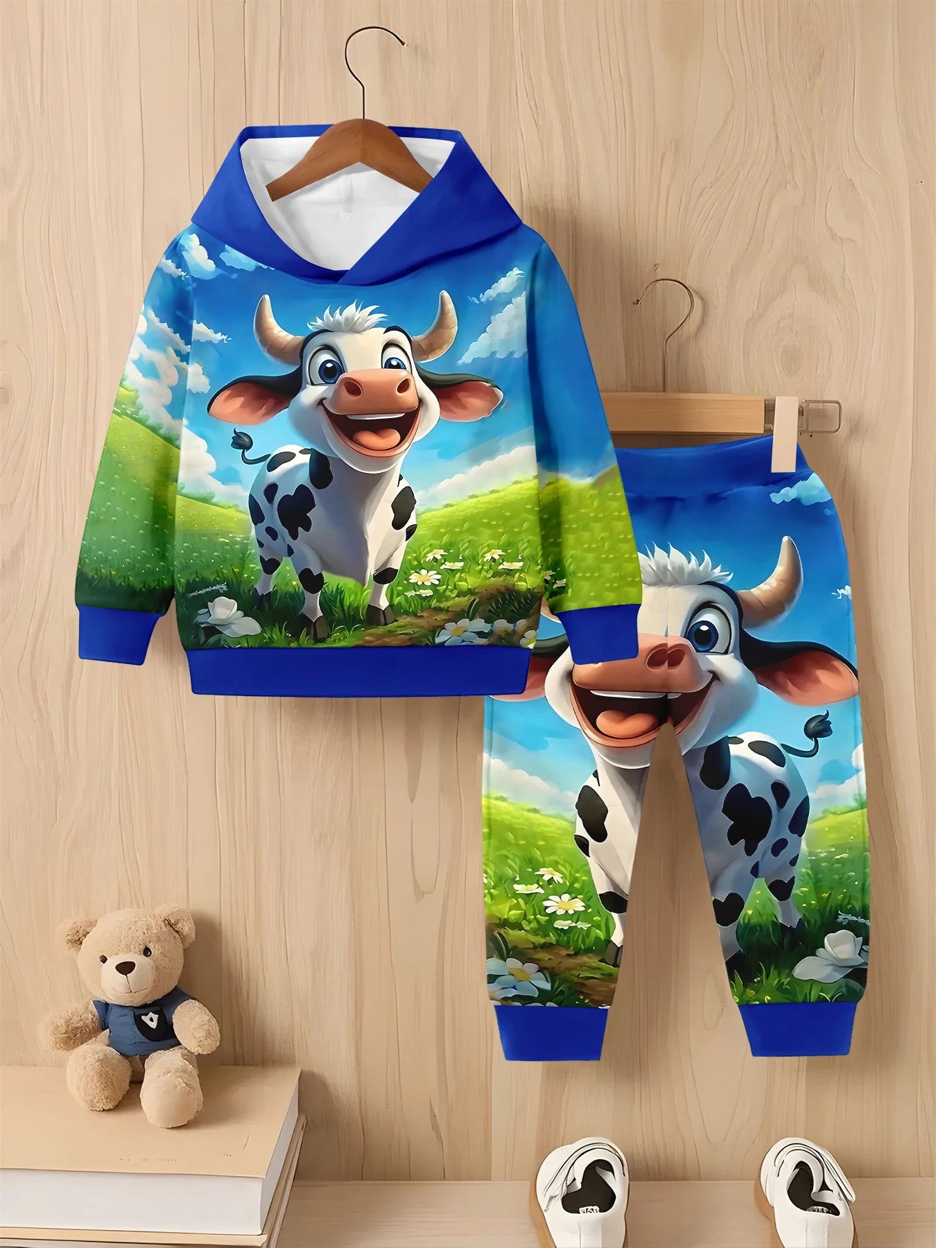 Children's hoodie and pants set with cow design on a wooden background