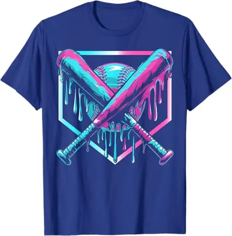Blue t-shirt with colorful baseball and bat design on a white background