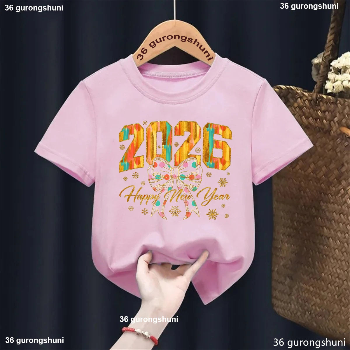 2026 Happy New Year Bow T-Shirt - Kids Celebration Tee
