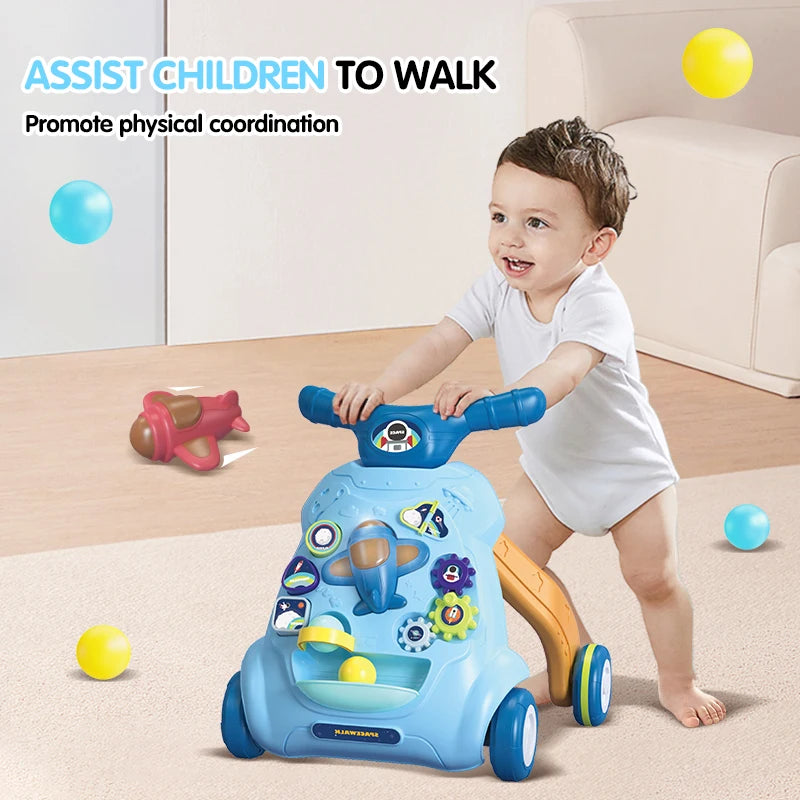 Child using a blue toy walker with text promoting its use for children to walk.