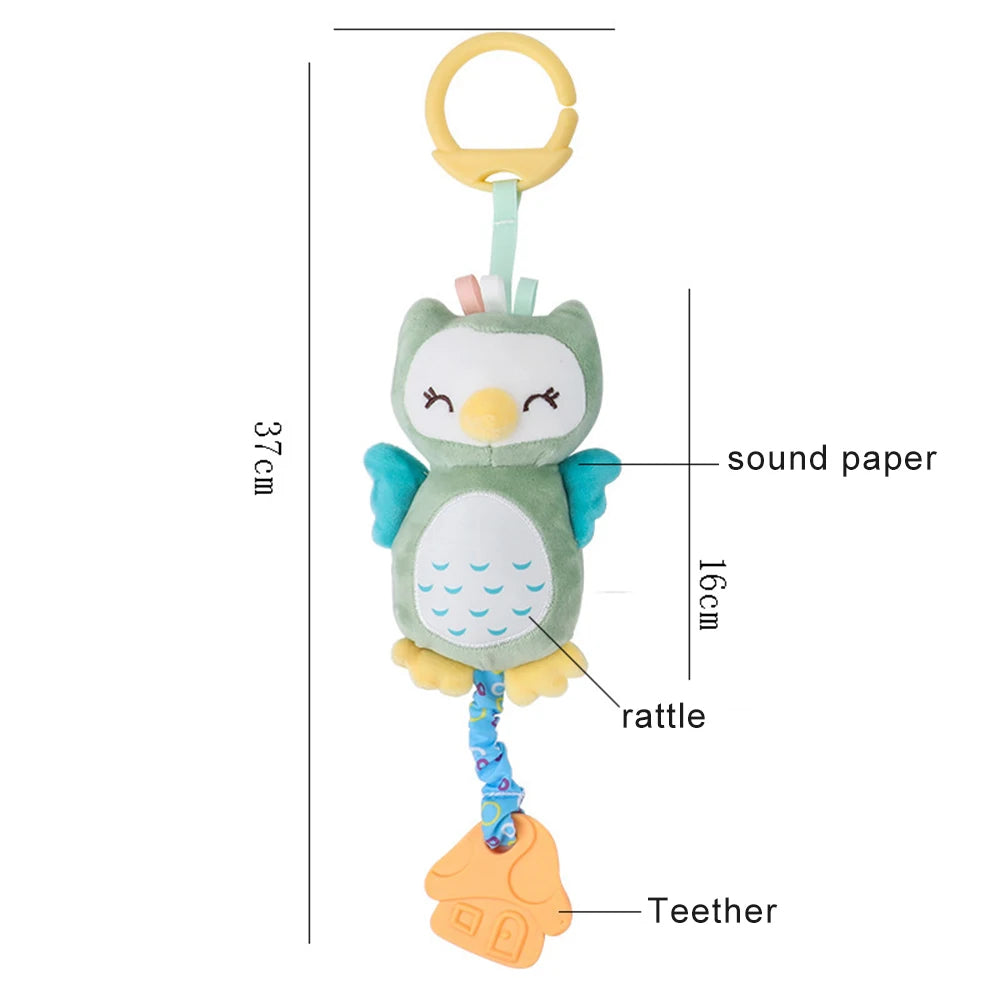 Owl-shaped baby toy with measurements and features labeled on a white background