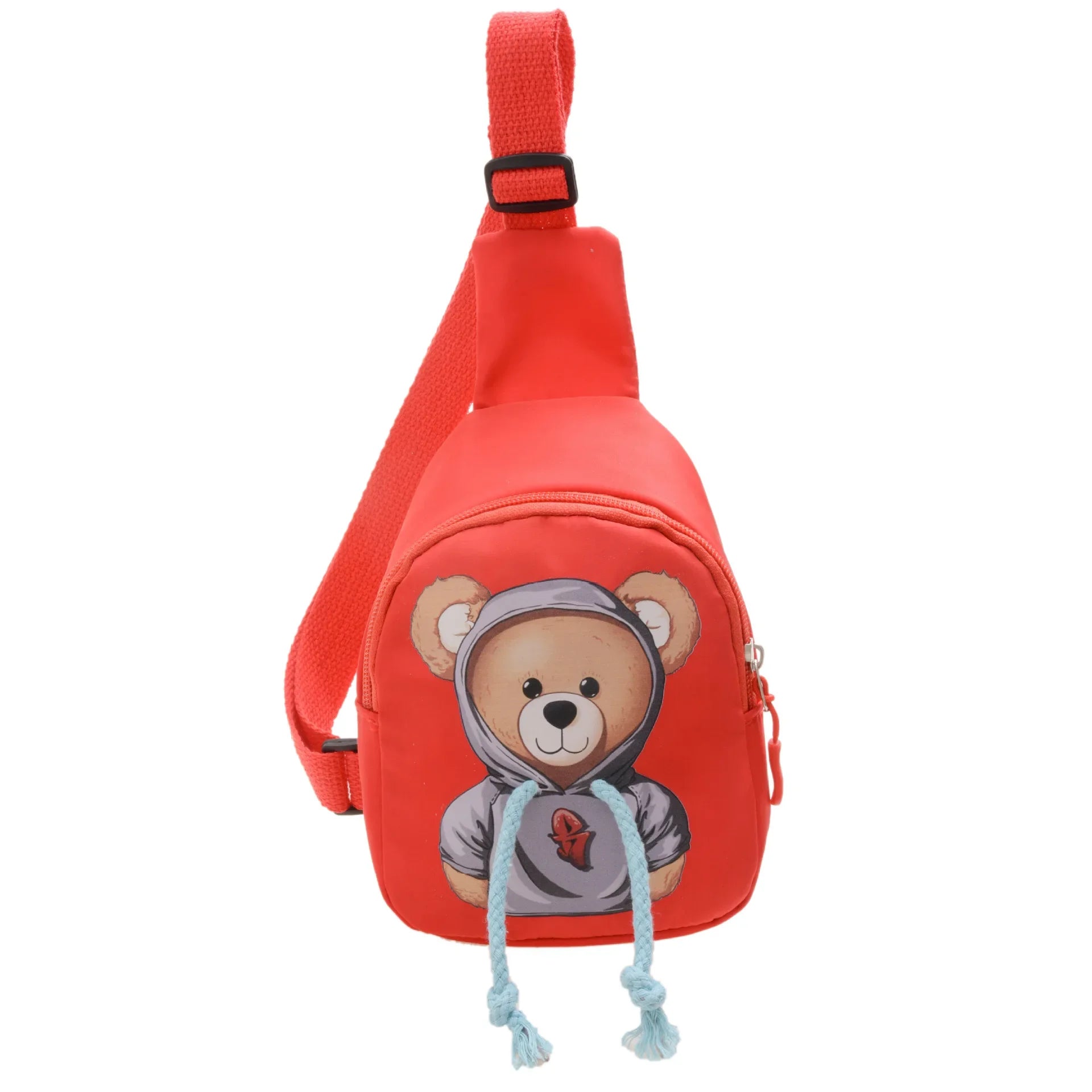Red sling bag with a bear design on a white background