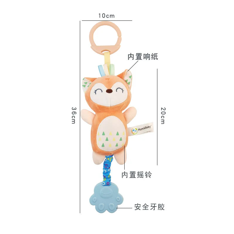Baby toy with fox design and measurements on a white background