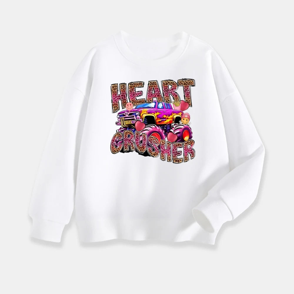 White sweatshirt with colorful graphic design and text on a white background