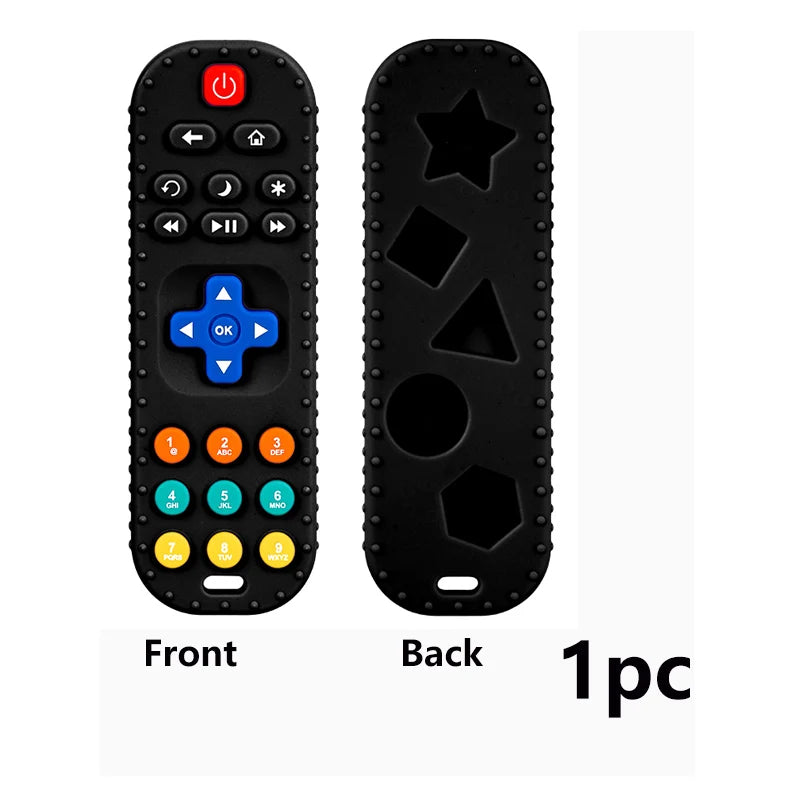 Black remote control with front and back views on a white background