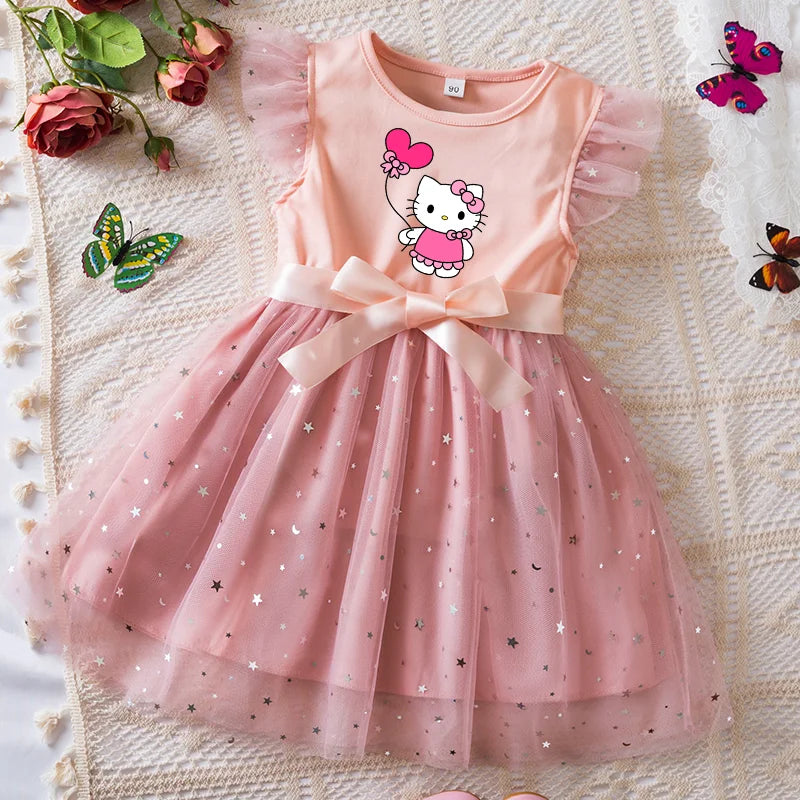 Pink children's dress with a cartoon character on a textured surface with flowers and butterflies.